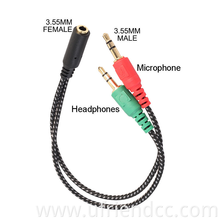 High Quality Durable 3.5mm 2 Male Plug to 1 Female Jack Audio Mic Headset Splitter Auxiliary Cable